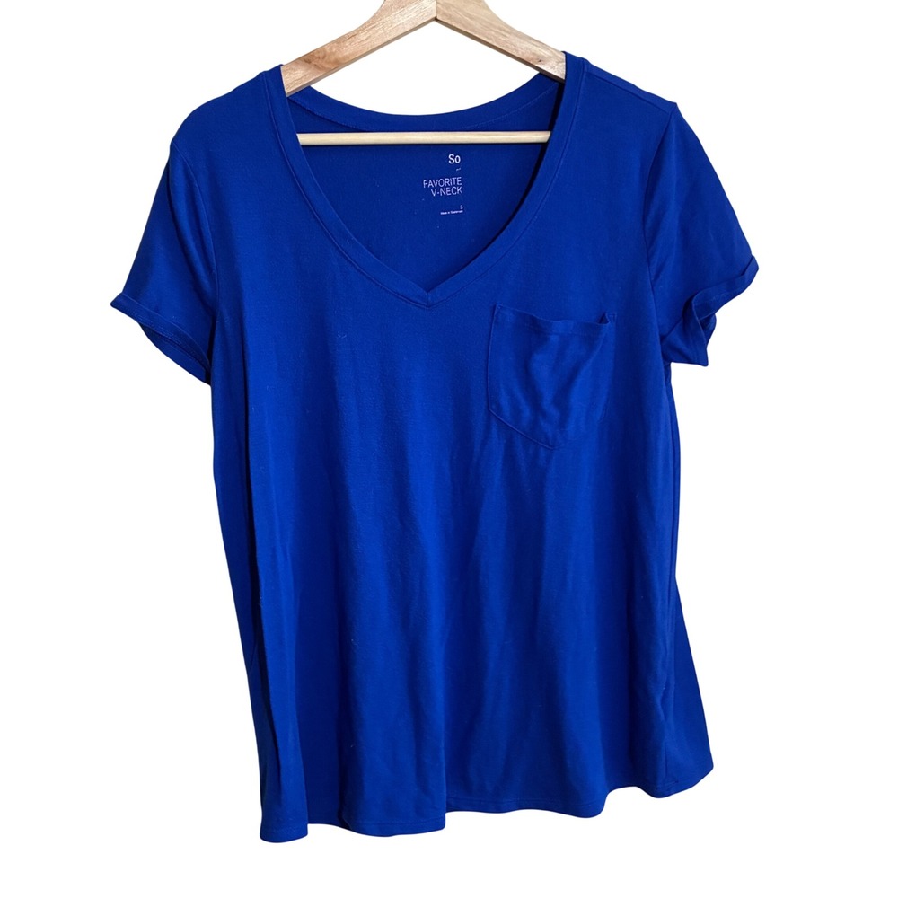 SO Favorite V-Neck Pocket T-Shirt Small Blue Womens Short Sleeve Stretch Tee